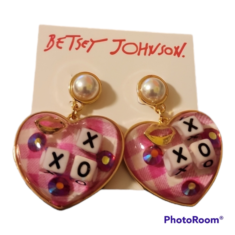 NWT Betsey Johnson XOX Gingham Puffy Heart Drop Earrings